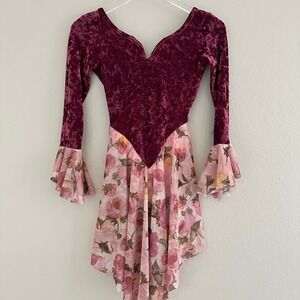 Curtain Call Costumes Lyrical Dance Dress XS Burgundy Velvet Floral Chiffon